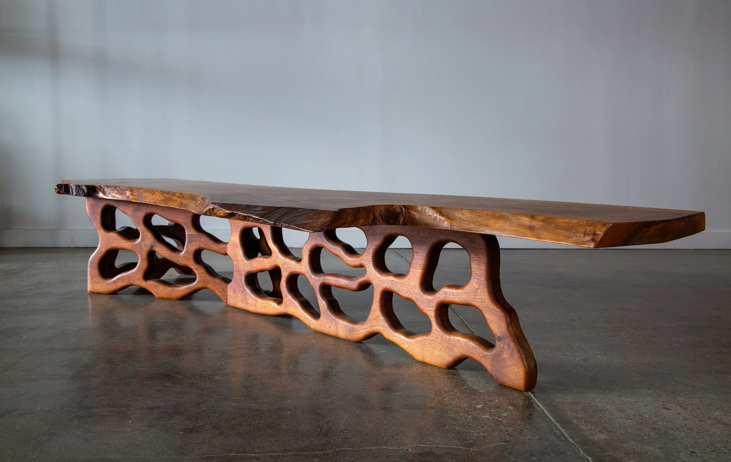 1972 Live Edge Walnut Coffee Table by Gino Russo organic Carved